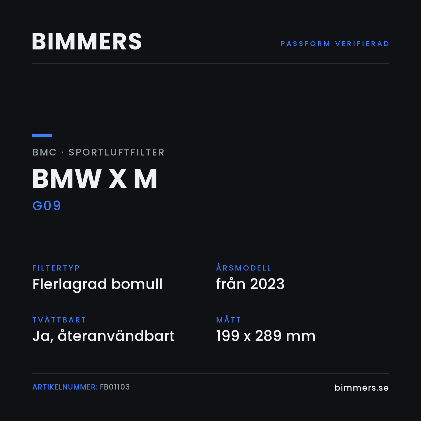 Faktabild med passform och specifikationer för BMC-luftfilter FB01103 till BMW X M