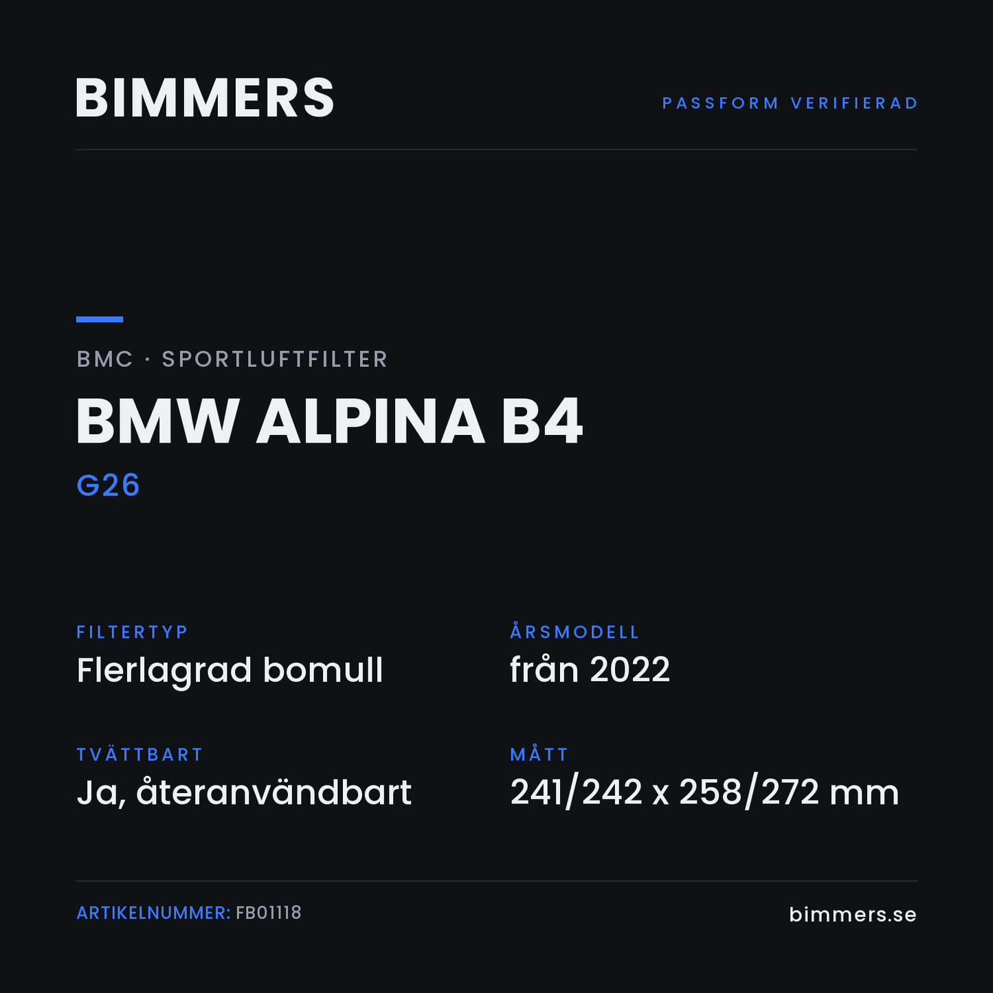 Faktabild med passform och specifikationer för BMC-luftfilter FB01118 till BMW Alpina B4