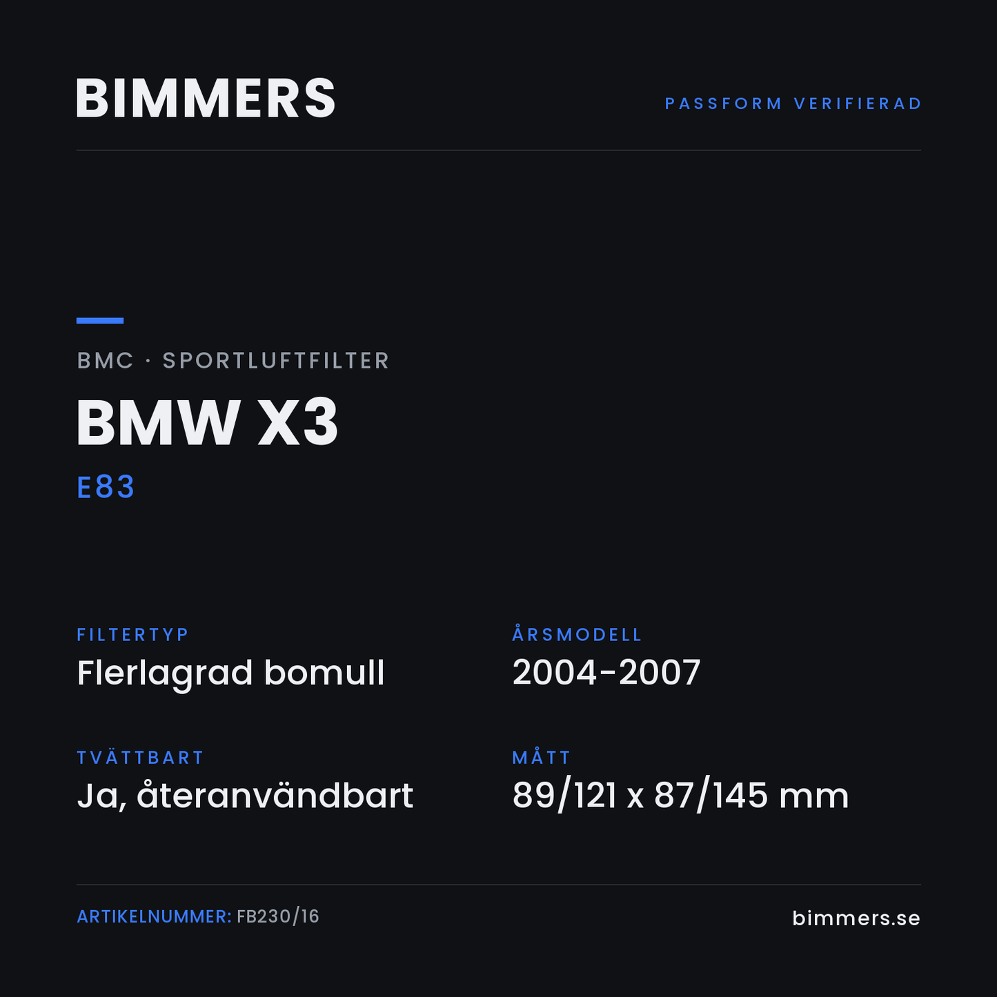 Faktabild med passform och specifikationer för BMC-luftfilter FB230/16 till BMW X3