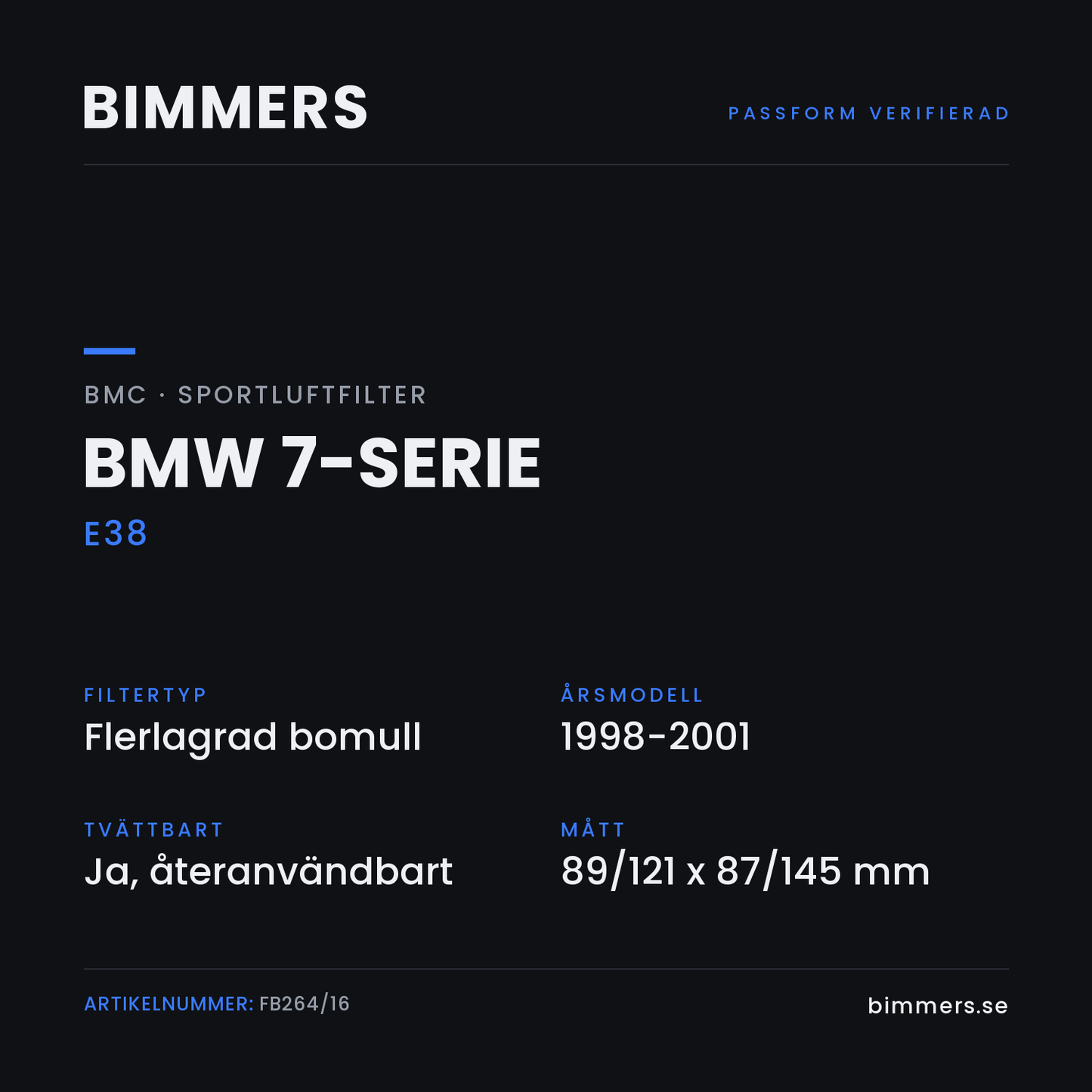 Faktabild med passform och specifikationer för BMC-luftfilter FB264/16 till BMW 7-serie