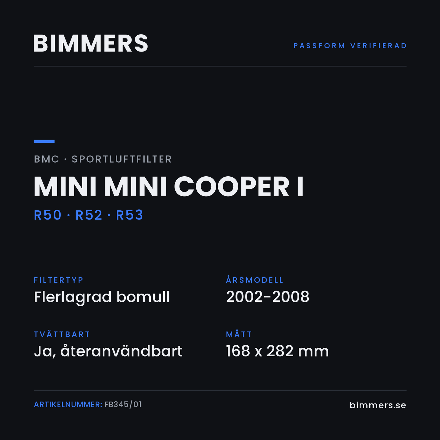 Faktabild med passform och specifikationer för BMC-luftfilter FB345/01 till MINI Mini Cooper I