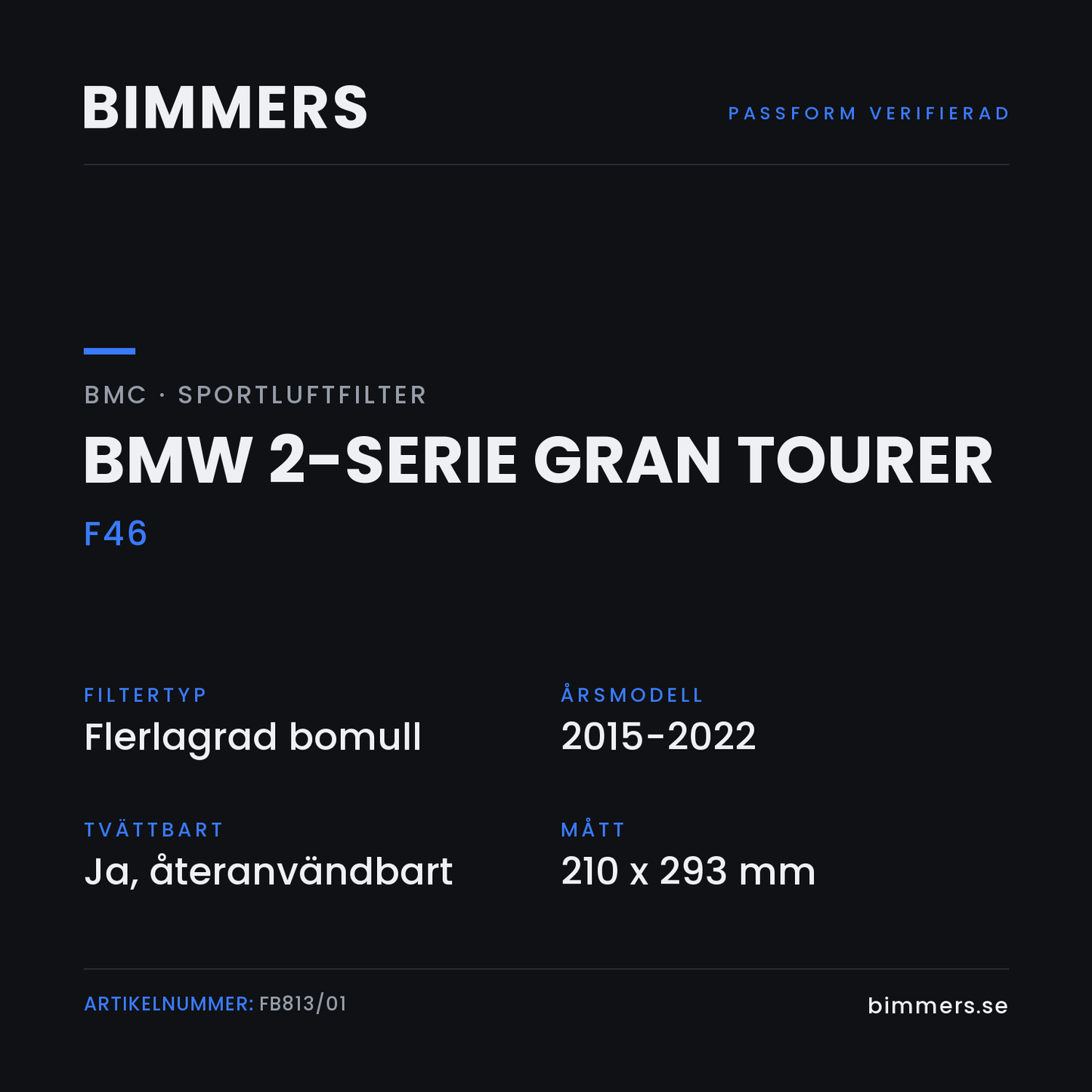 Faktabild med passform och specifikationer för BMC-luftfilter FB813/01 till BMW 2-serie Gran Tourer