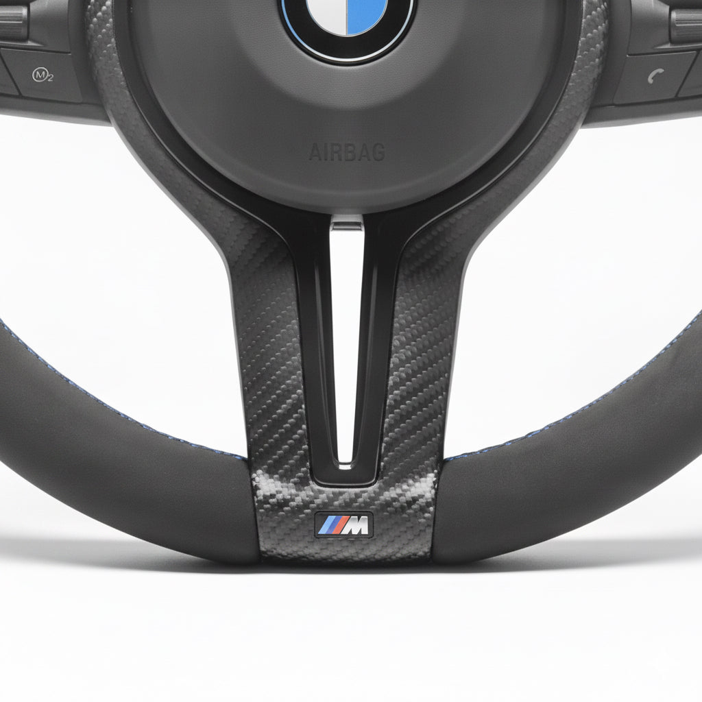 Närbild på alcantara läderklädsel med matt kolfiber, m-sport logga samt M-färgade sömmar. Bimmers™ BMW M-Sport matt kolfiber svart ratt med magnetiska paddlar F-serien.