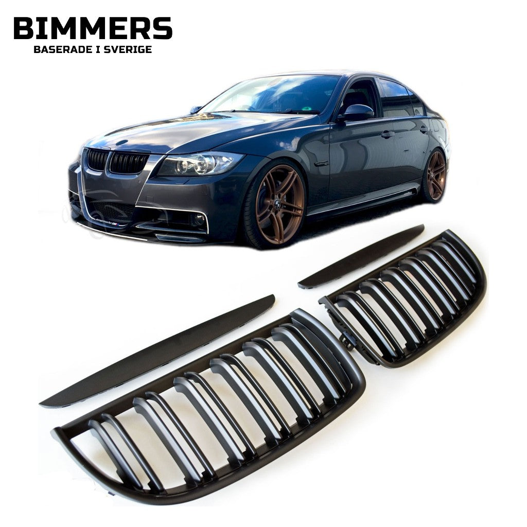 Njurgrill dubbla ribbor BMW 3-serie E90 E91 Pre LCI 2005-2008, matt svart, bild 1