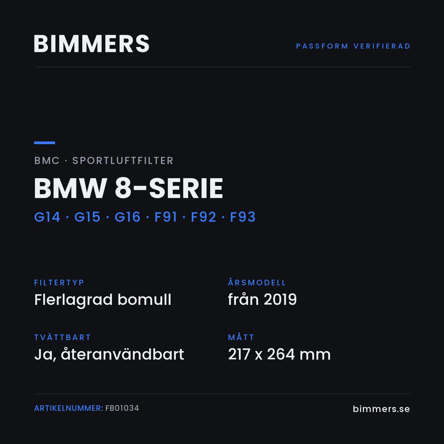 Faktabild med passform och specifikationer för BMC-luftfilter FB01034 till BMW 8-serie