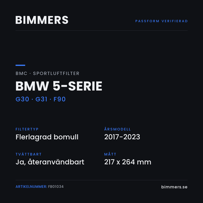 Faktabild med passform och specifikationer för BMC-luftfilter FB01034 till BMW 5-serie
