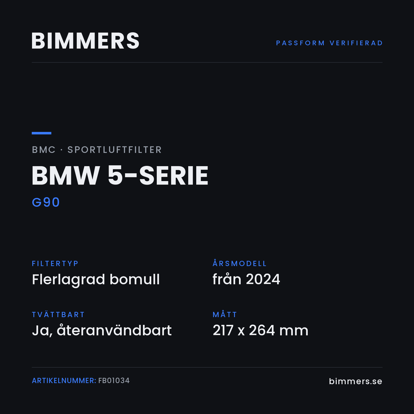 Faktabild med passform och specifikationer för BMC-luftfilter FB01034 till BMW 5-serie