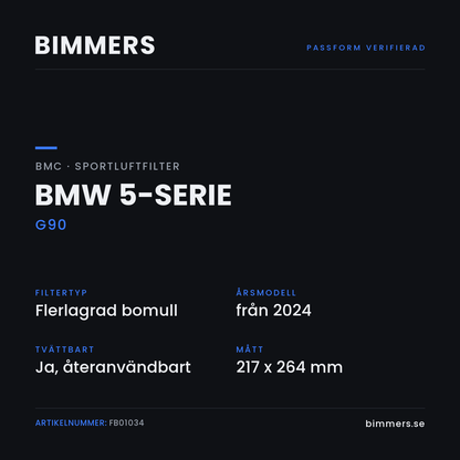 Faktabild med passform och specifikationer för BMC-luftfilter FB01034 till BMW 5-serie