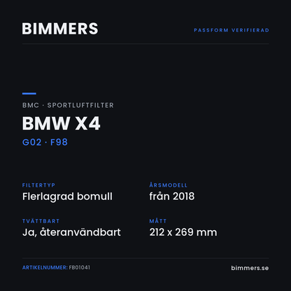 Faktabild med passform och specifikationer för BMC-luftfilter FB01041 till BMW X4