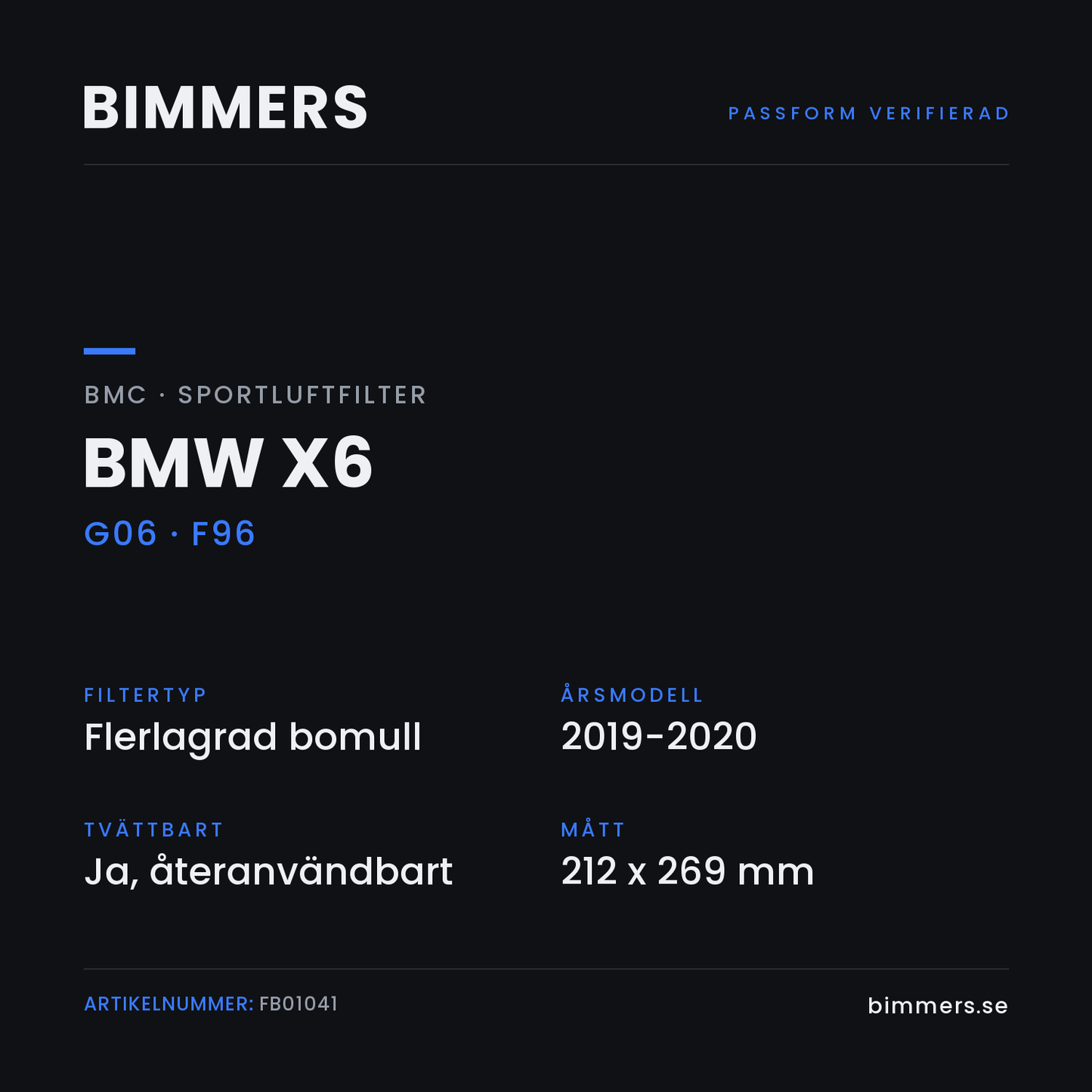Faktabild med passform och specifikationer för BMC-luftfilter FB01041 till BMW X6