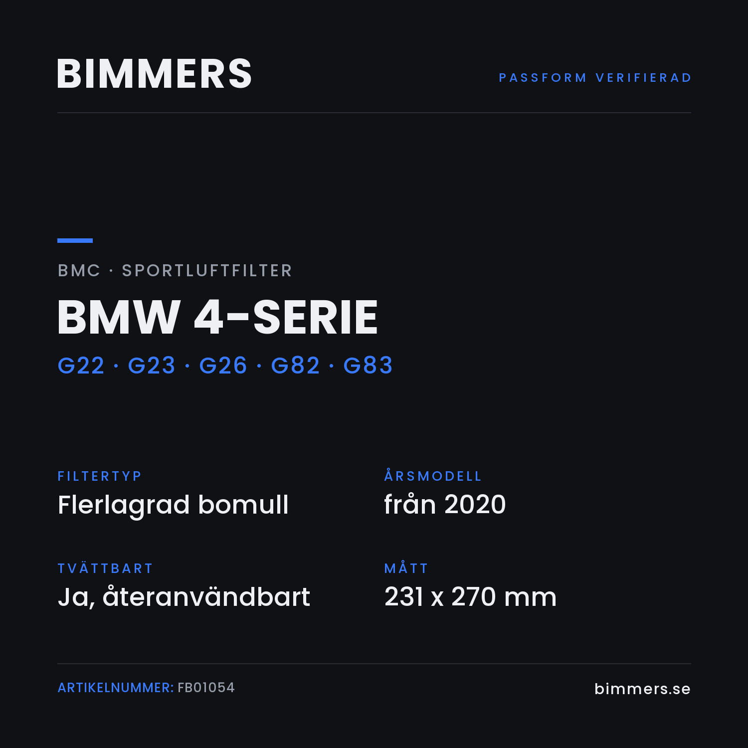 Faktabild med passform och specifikationer för BMC-luftfilter FB01054 till BMW 4-serie