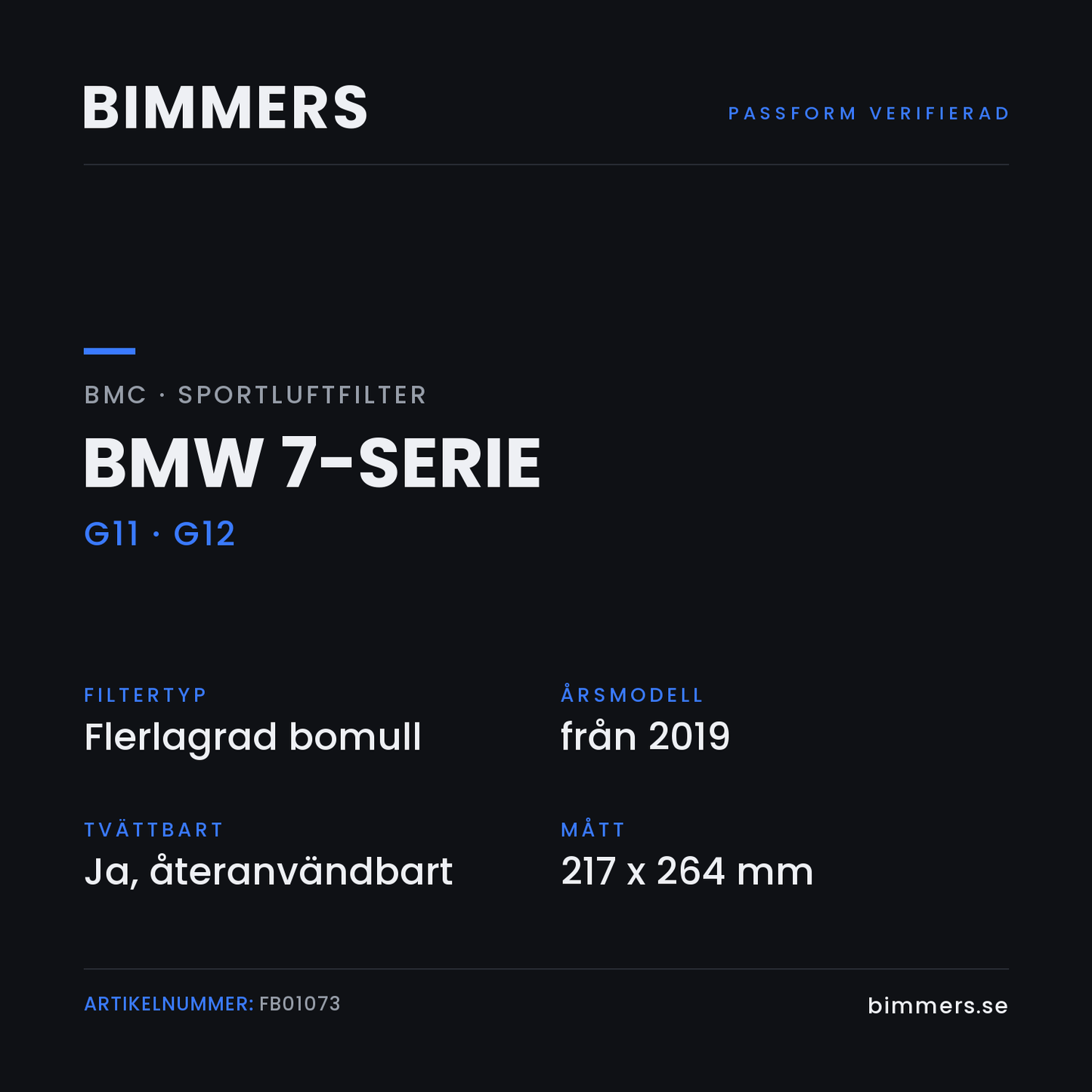 Faktabild med passform och specifikationer för BMC-luftfilter FB01073 till BMW 7-serie
