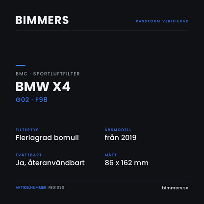 Faktabild med passform och specifikationer för BMC-luftfilter FB01090 till BMW X4