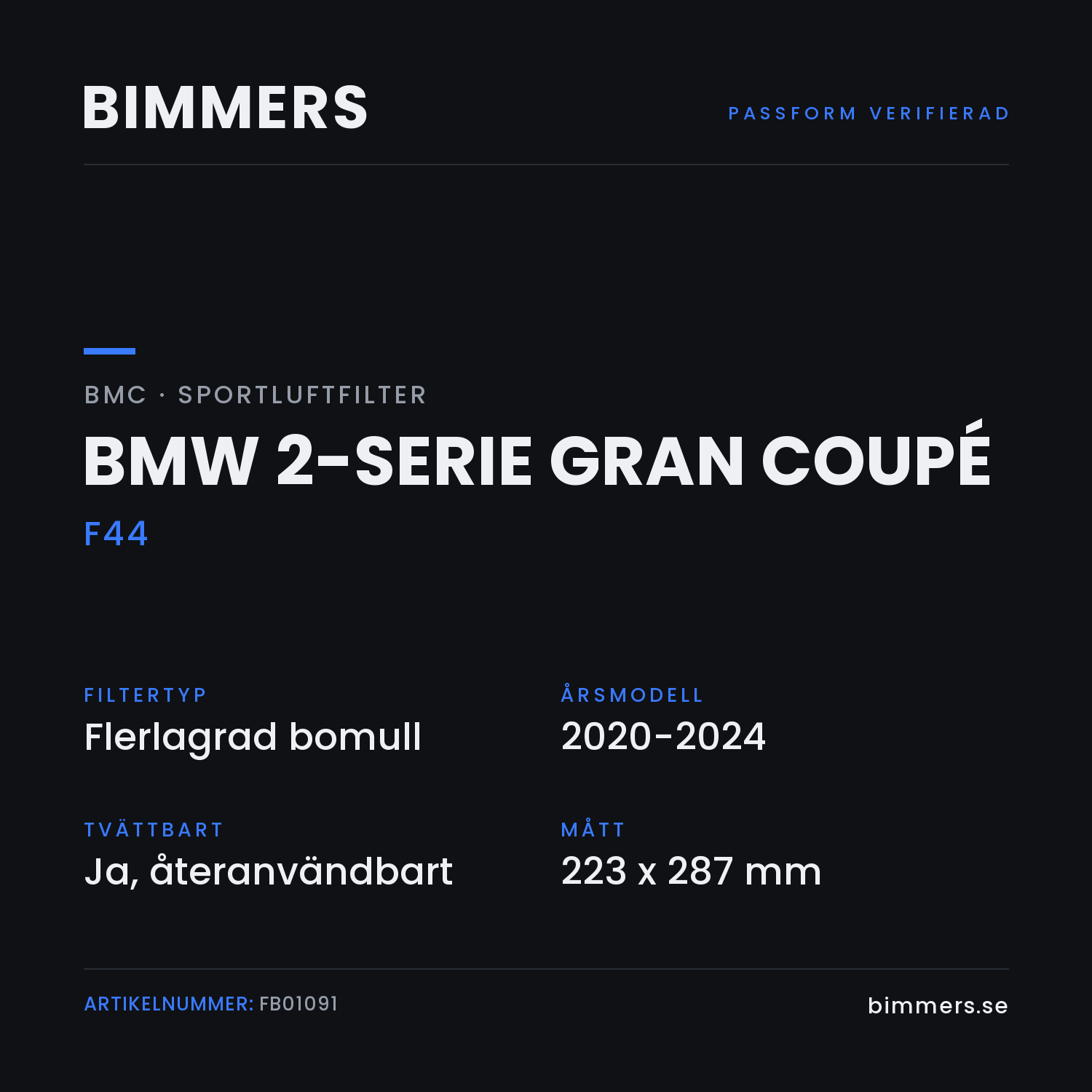 Faktabild med passform och specifikationer för BMC-luftfilter FB01091 till BMW 2-serie Gran Coupé