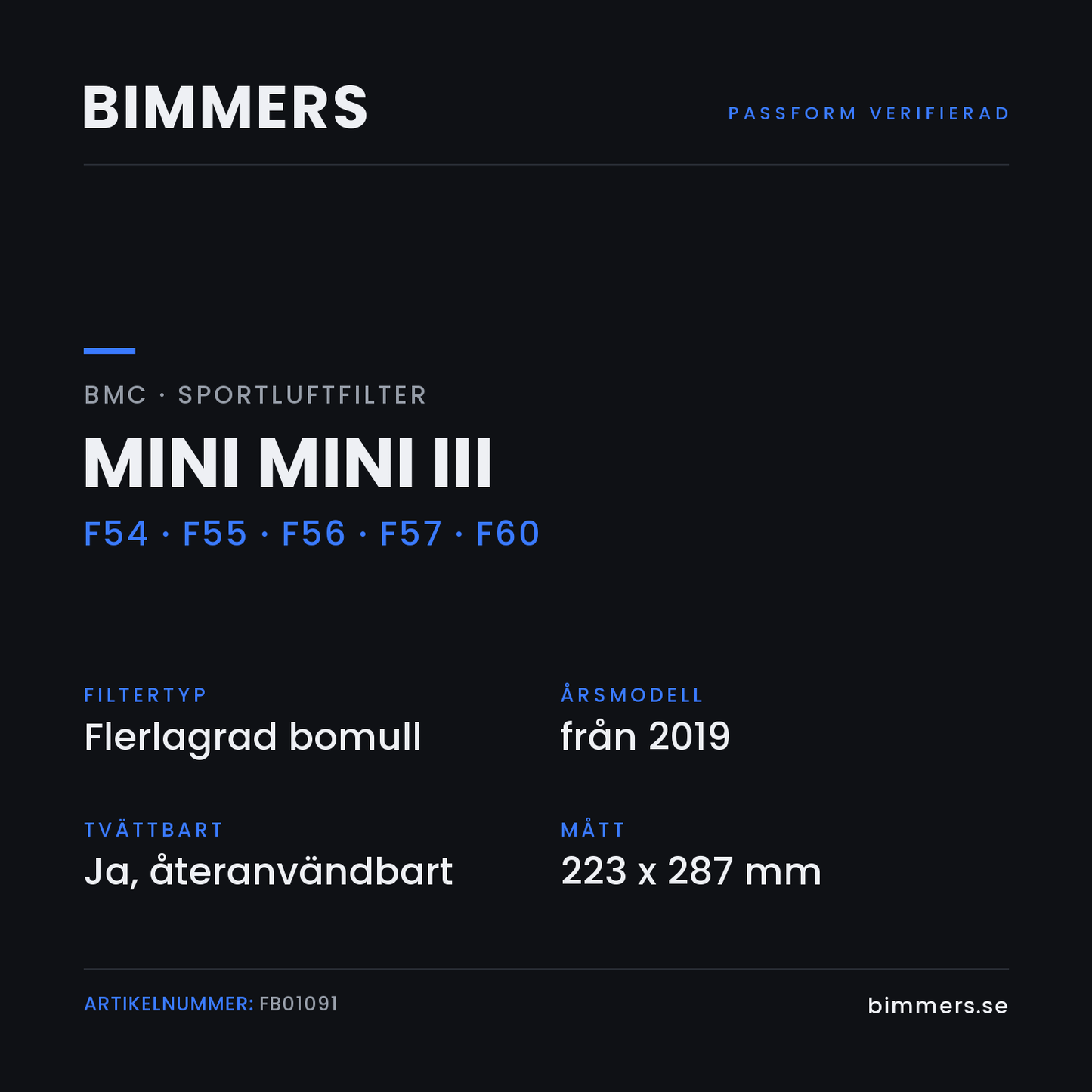 Faktabild med passform och specifikationer för BMC-luftfilter FB01091 till MINI Mini III