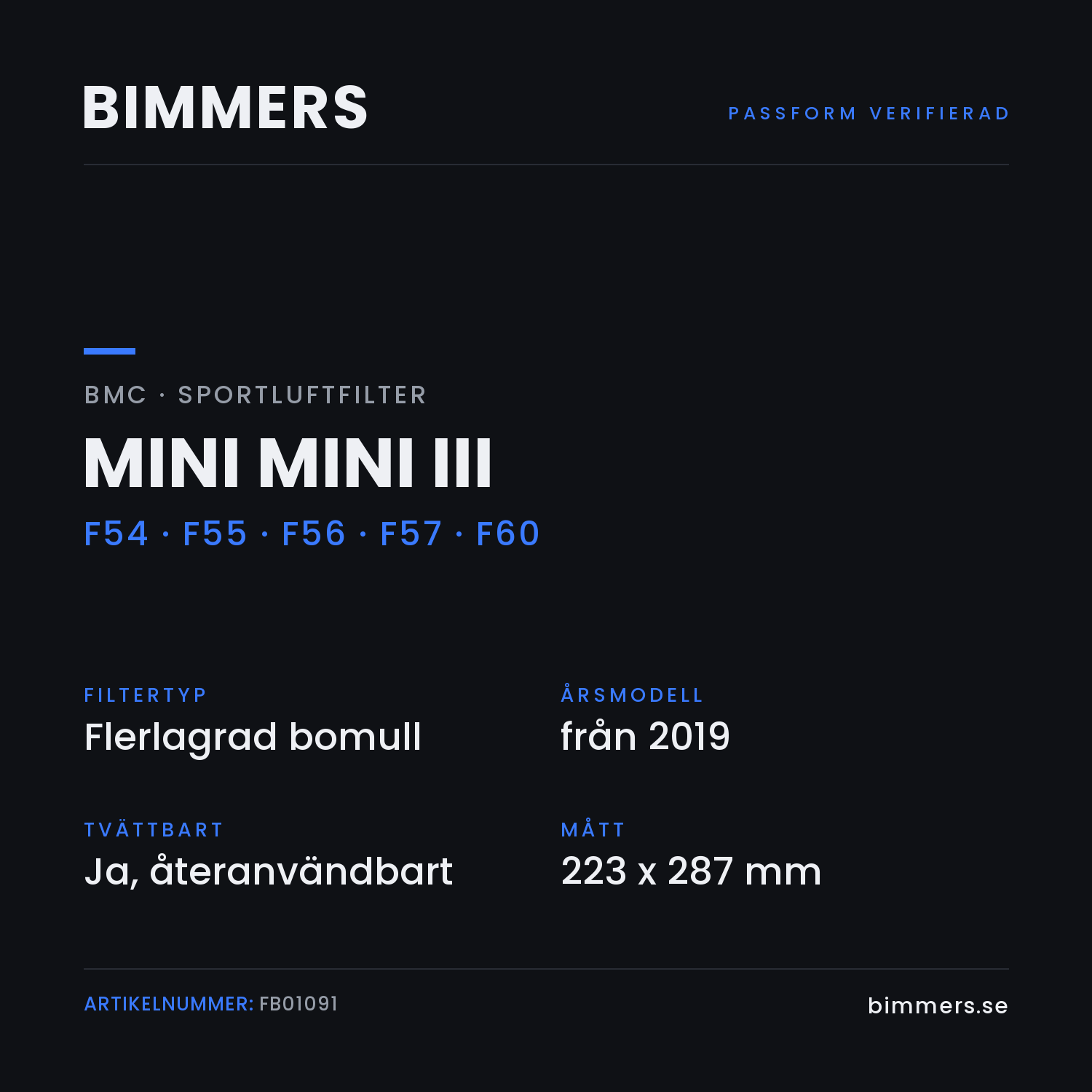 Faktabild med passform och specifikationer för BMC-luftfilter FB01091 till MINI Mini III