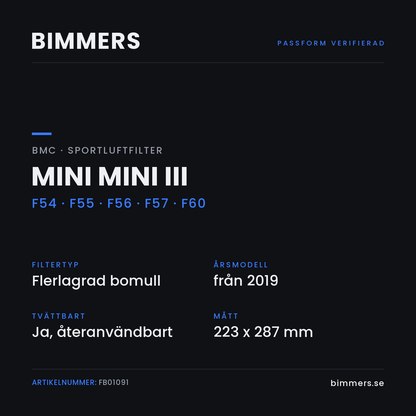 Faktabild med passform och specifikationer för BMC-luftfilter FB01091 till MINI Mini III