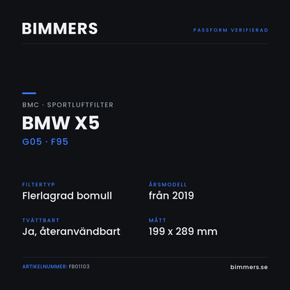 Faktabild med passform och specifikationer för BMC-luftfilter FB01103 till BMW X5