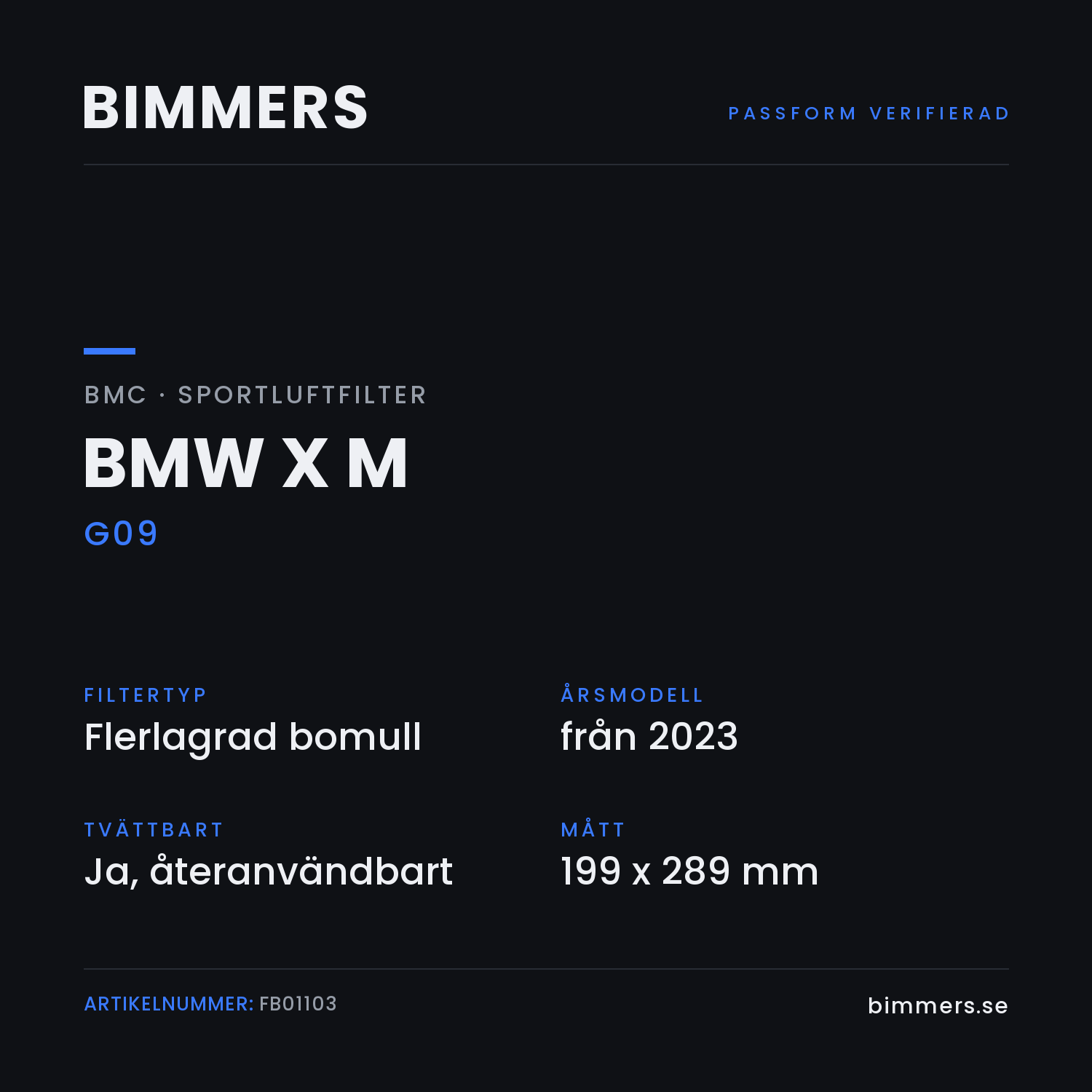Faktabild med passform och specifikationer för BMC-luftfilter FB01103 till BMW X M