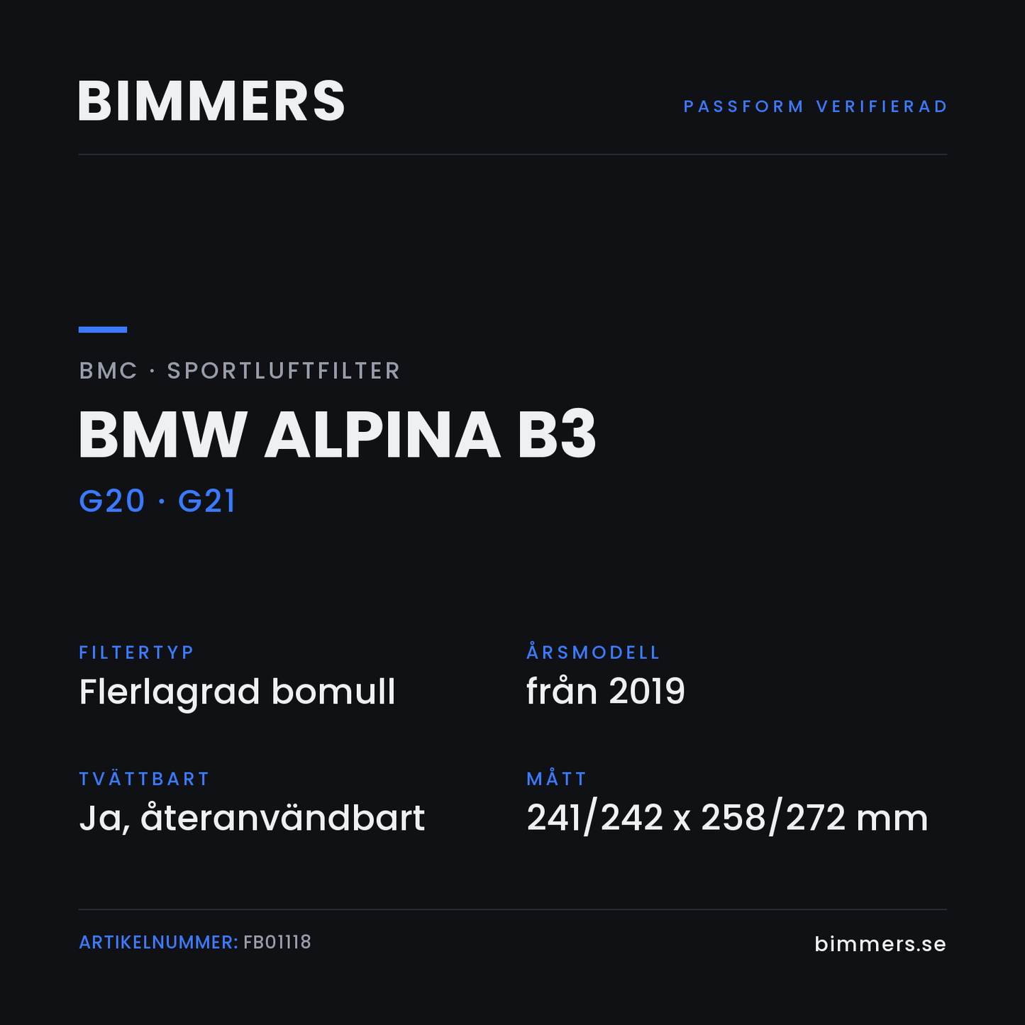 Faktabild med passform och specifikationer för BMC-luftfilter FB01118 till BMW Alpina B3