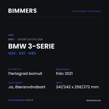Faktabild med passform och specifikationer för BMC-luftfilter FB01118 till BMW 3-serie