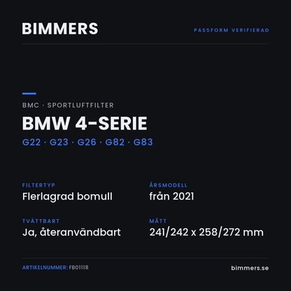 Faktabild med passform och specifikationer för BMC-luftfilter FB01118 till BMW 4-serie