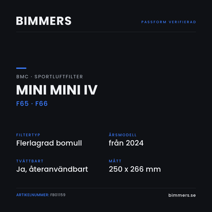 Faktabild med passform och specifikationer för BMC-luftfilter FB01159 till MINI Mini IV