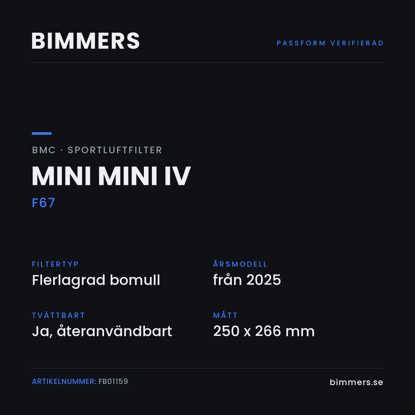Faktabild med passform och specifikationer för BMC-luftfilter FB01159 till MINI Mini IV