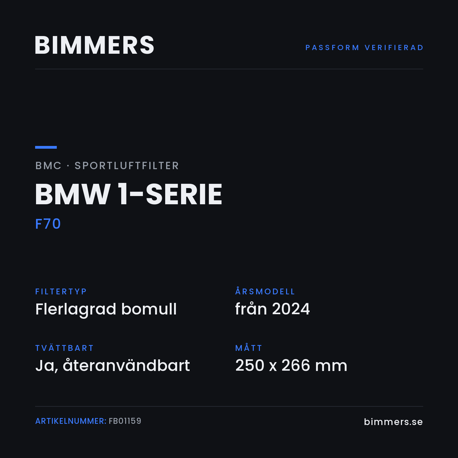 Faktabild med passform och specifikationer för BMC-luftfilter FB01159 till BMW 1-serie