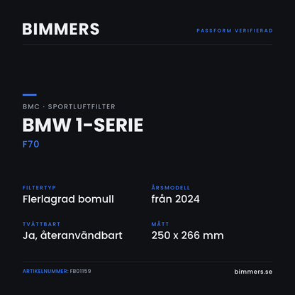 Faktabild med passform och specifikationer för BMC-luftfilter FB01159 till BMW 1-serie