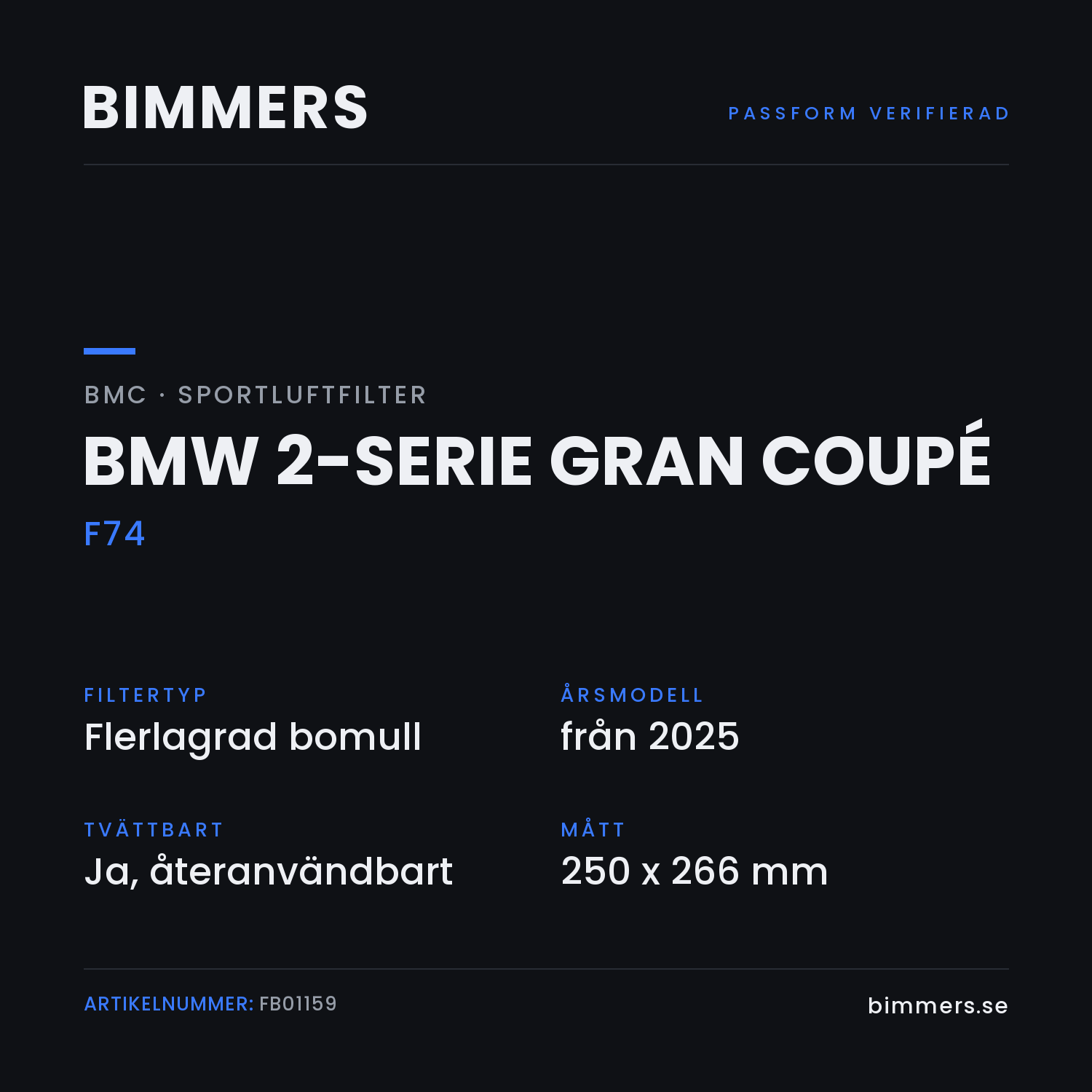 Faktabild med passform och specifikationer för BMC-luftfilter FB01159 till BMW 2-serie Gran Coupé