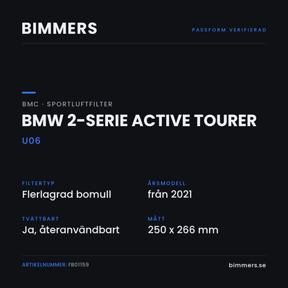 Faktabild med passform och specifikationer för BMC-luftfilter FB01159 till BMW 2-serie Active Tourer