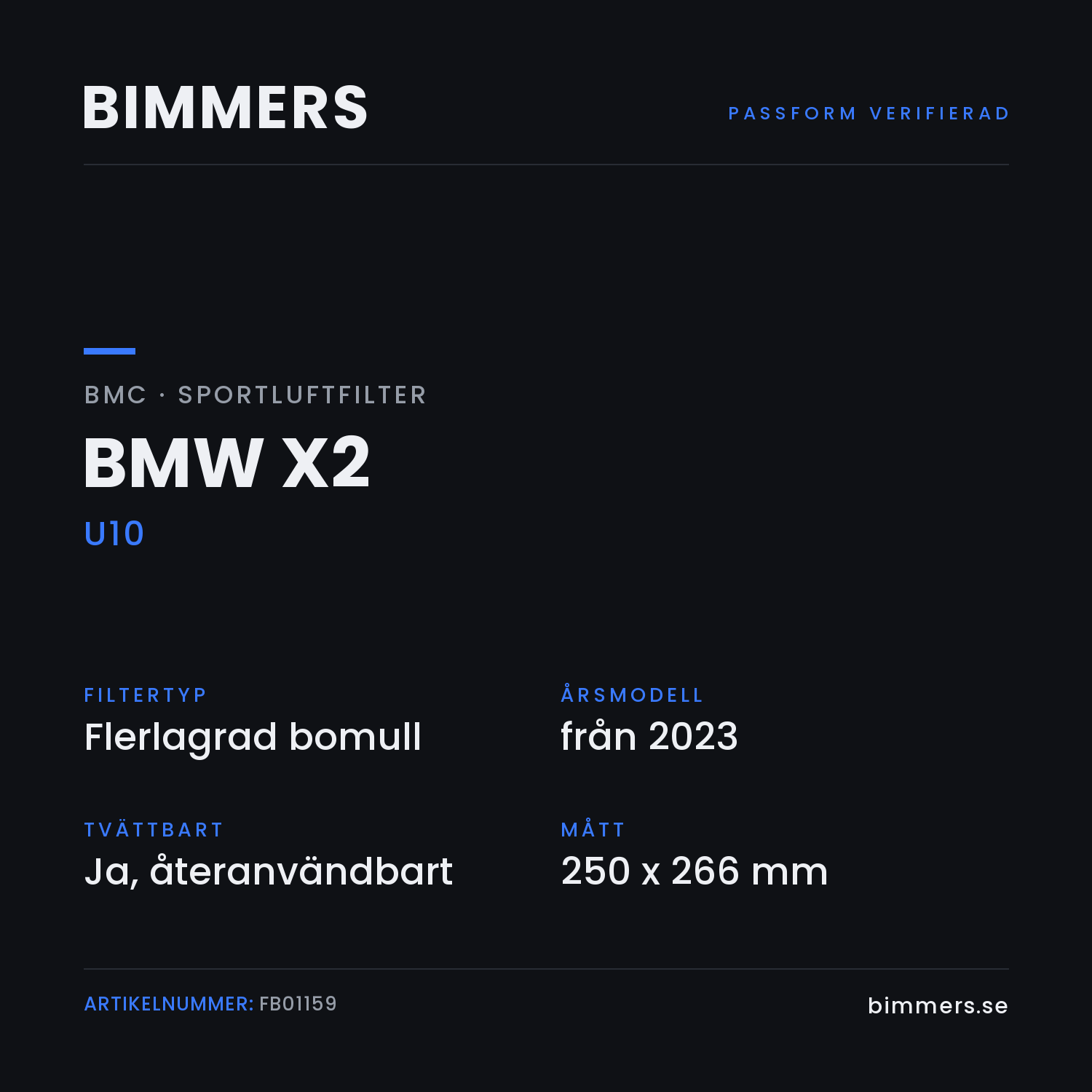 Faktabild med passform och specifikationer för BMC-luftfilter FB01159 till BMW X2