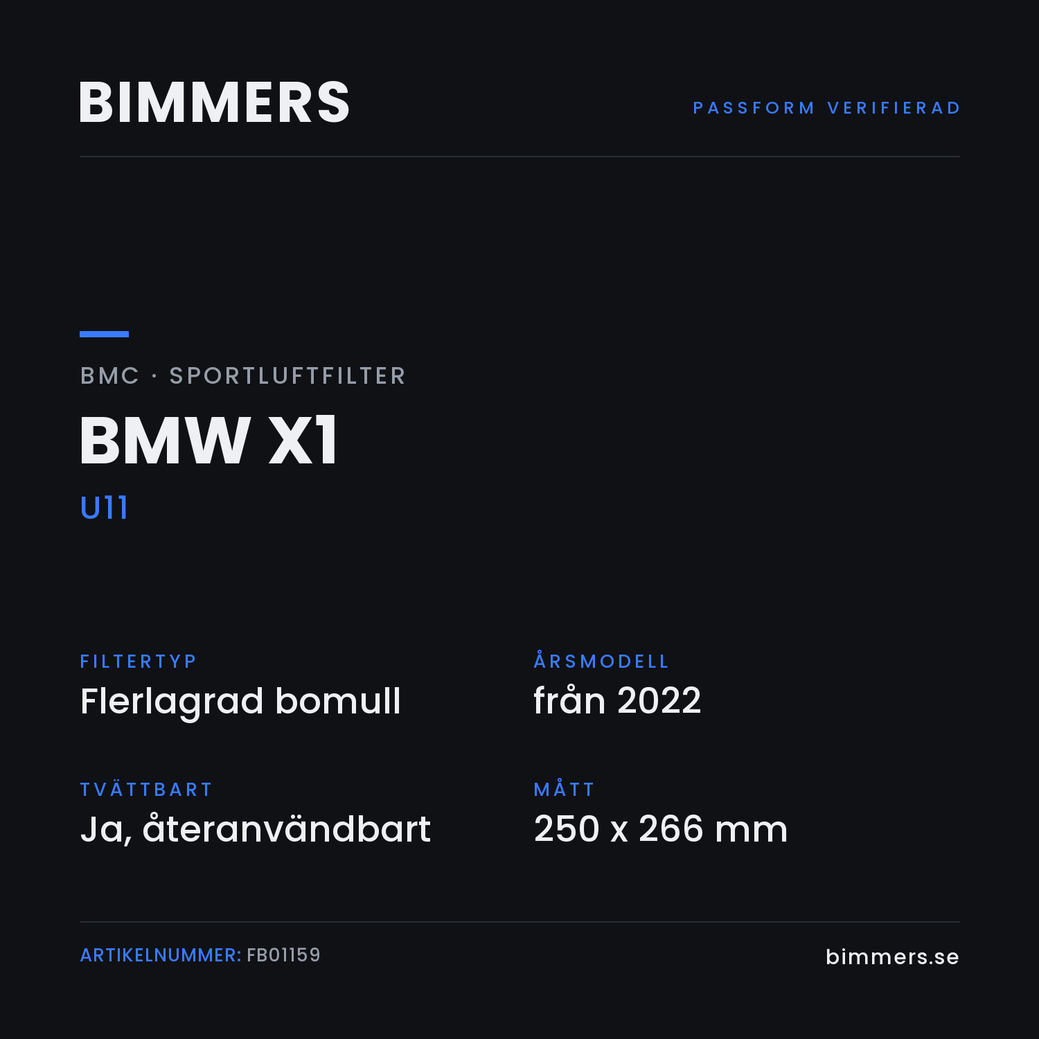 Faktabild med passform och specifikationer för BMC-luftfilter FB01159 till BMW X1