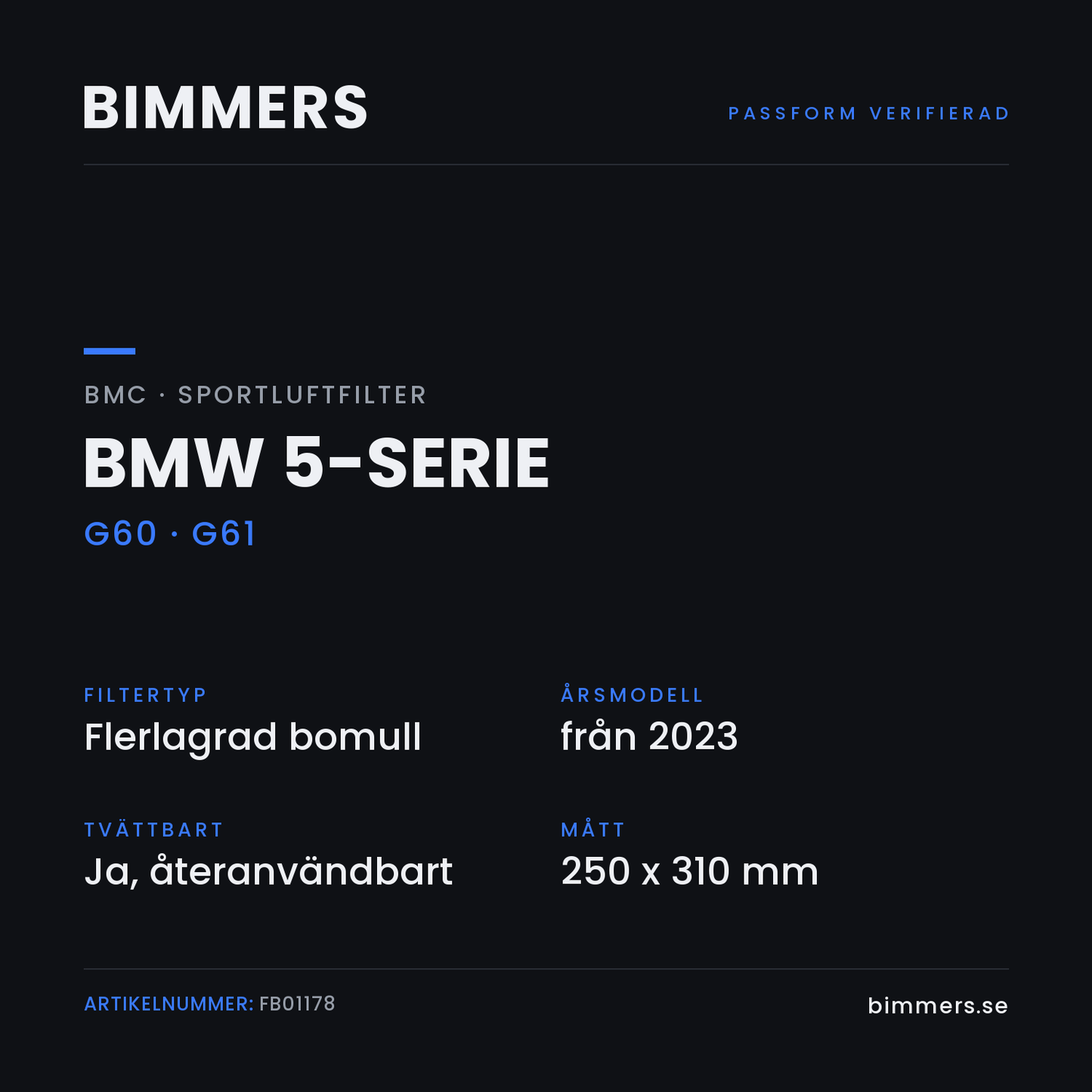 Faktabild med passform och specifikationer för BMC-luftfilter FB01178 till BMW 5-serie