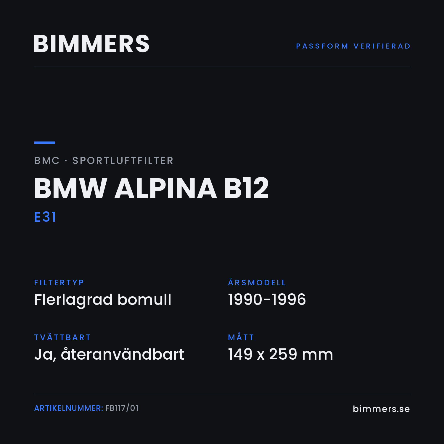 Faktabild med passform och specifikationer för BMC-luftfilter FB117/01 till BMW Alpina B12