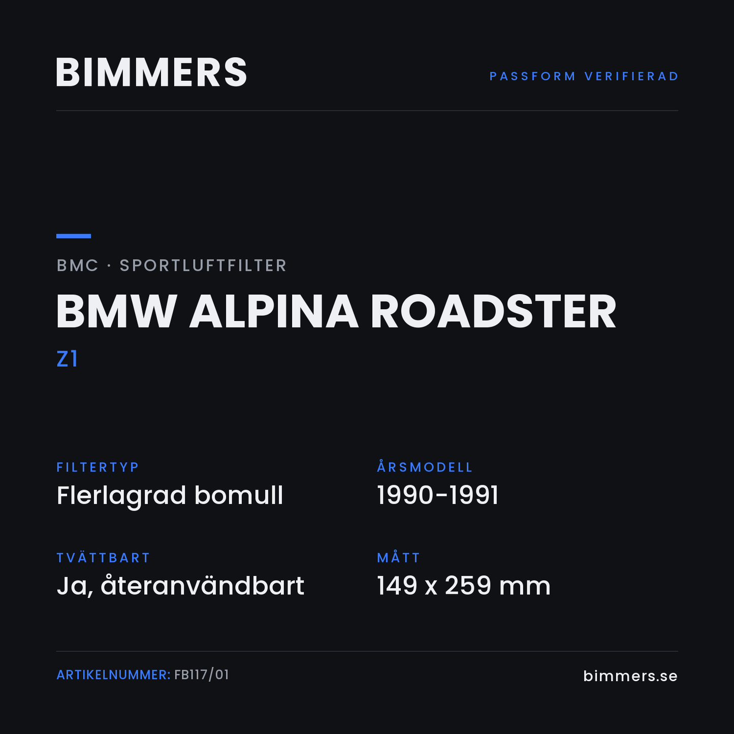 Faktabild med passform och specifikationer för BMC-luftfilter FB117/01 till BMW Alpina Roadster