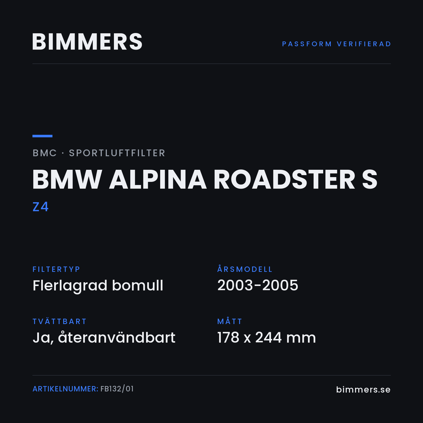 Faktabild med passform och specifikationer för BMC-luftfilter FB132/01 till BMW Alpina Roadster S