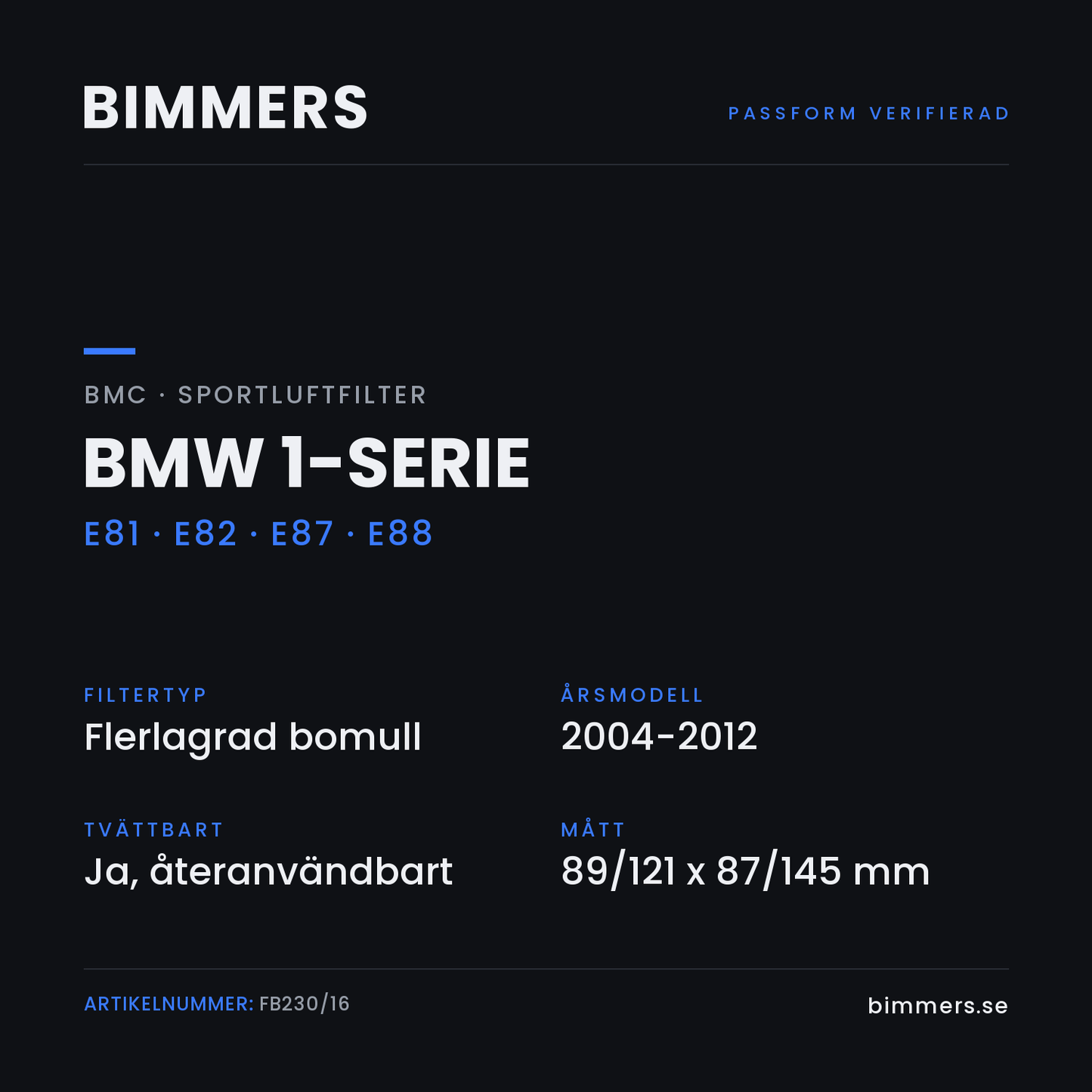Faktabild med passform och specifikationer för BMC-luftfilter FB230/16 till BMW 1-serie