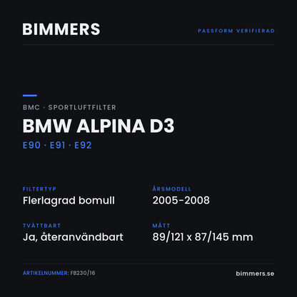 Faktabild med passform och specifikationer för BMC-luftfilter FB230/16 till BMW Alpina D3