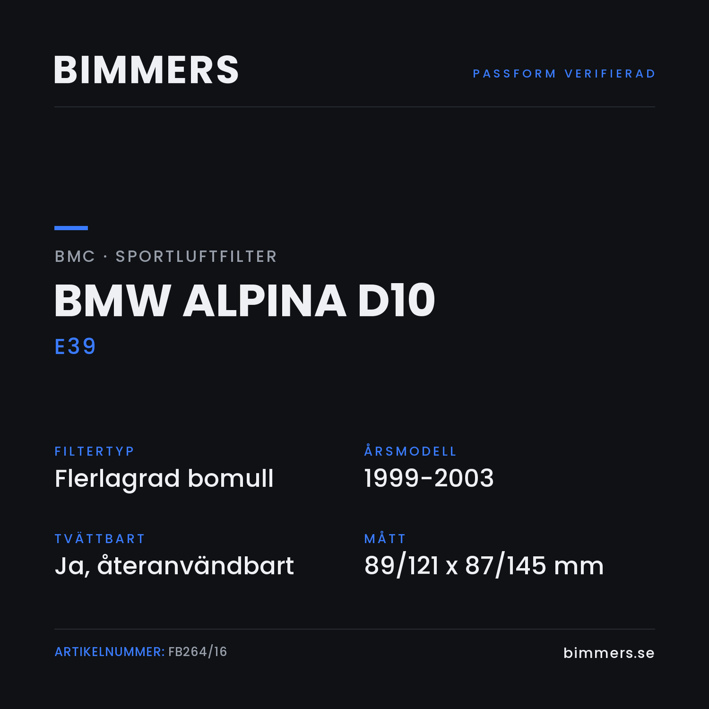 Faktabild med passform och specifikationer för BMC-luftfilter FB264/16 till BMW Alpina D10