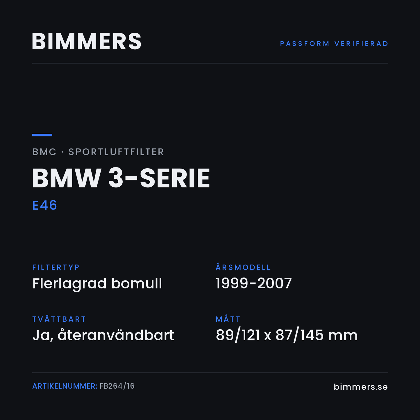 Faktabild med passform och specifikationer för BMC-luftfilter FB264/16 till BMW 3-serie