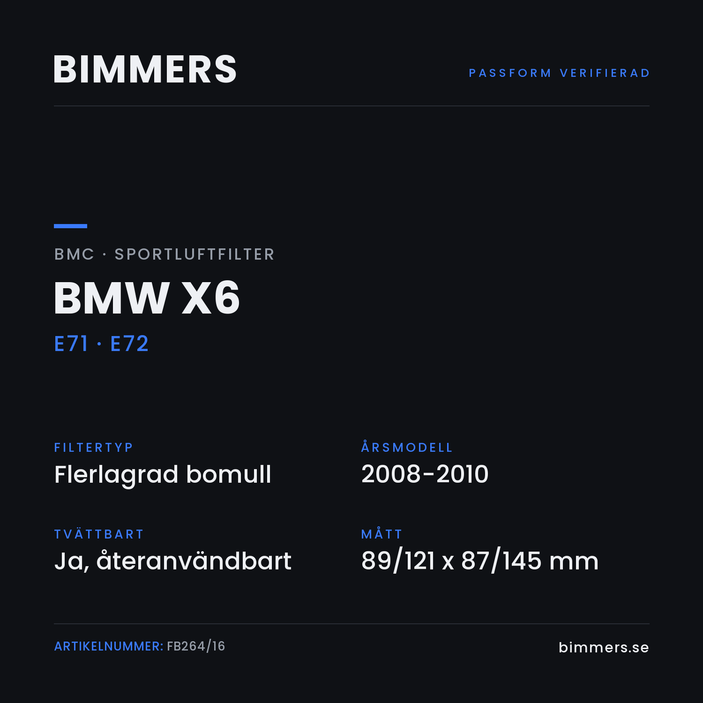 Faktabild med passform och specifikationer för BMC-luftfilter FB264/16 till BMW X6