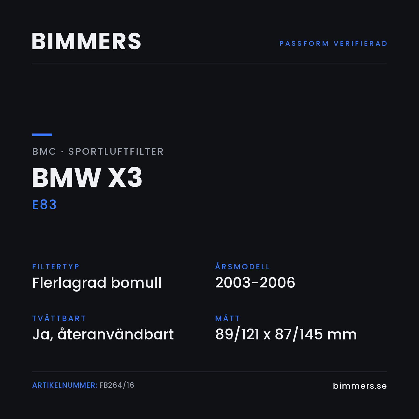 Faktabild med passform och specifikationer för BMC-luftfilter FB264/16 till BMW X3