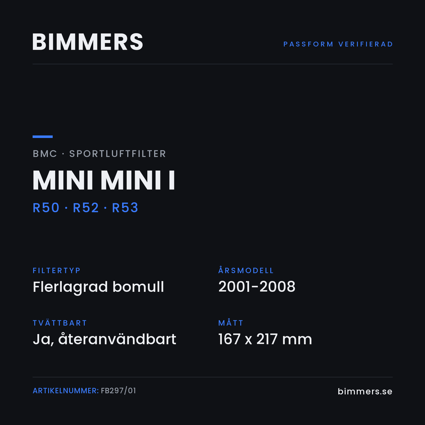 Faktabild med passform och specifikationer för BMC-luftfilter FB297/01 till MINI Mini I