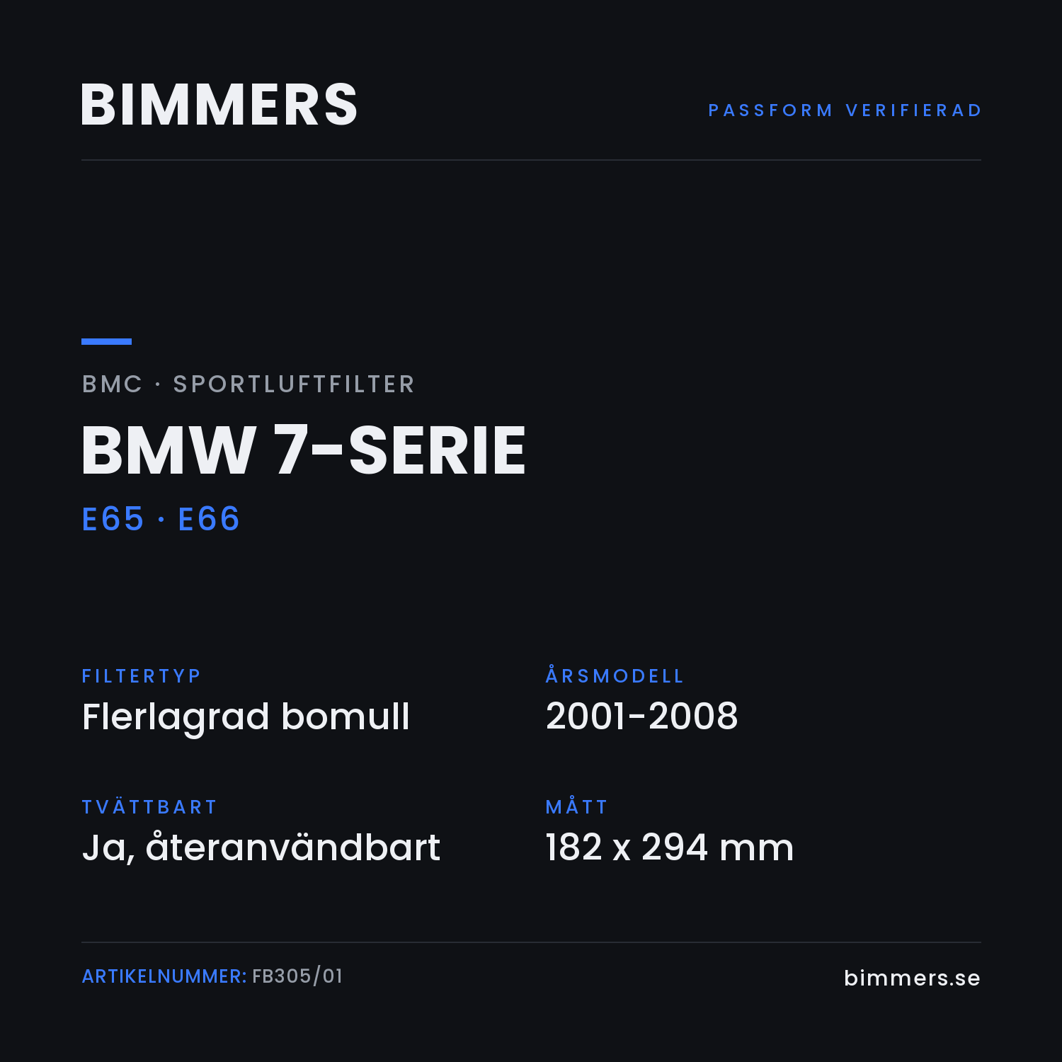 Faktabild med passform och specifikationer för BMC-luftfilter FB305/01 till BMW 7-serie