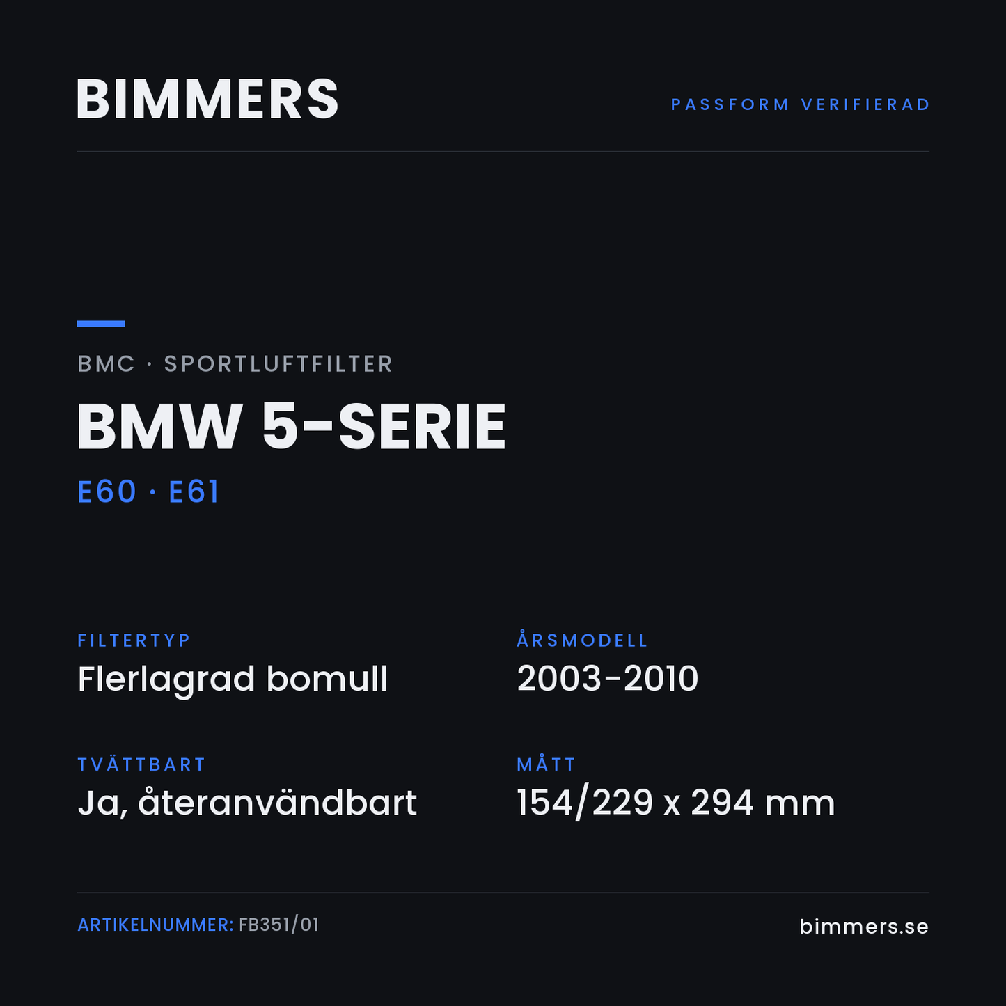Faktabild med passform och specifikationer för BMC-luftfilter FB351/01 till BMW 5-serie