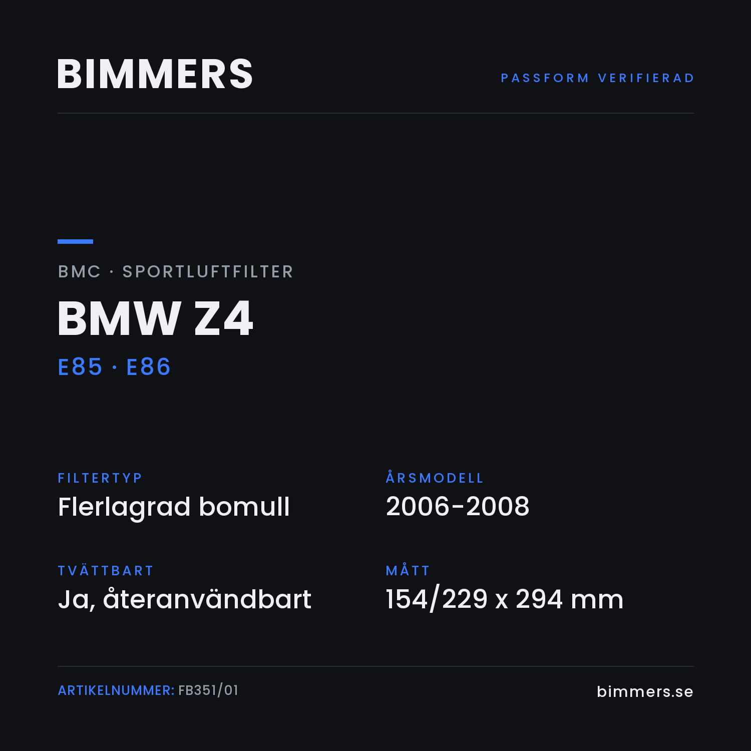 Faktabild med passform och specifikationer för BMC-luftfilter FB351/01 till BMW Z4