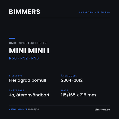 Faktabild med passform och specifikationer för BMC-luftfilter FB404/20 till MINI Mini I