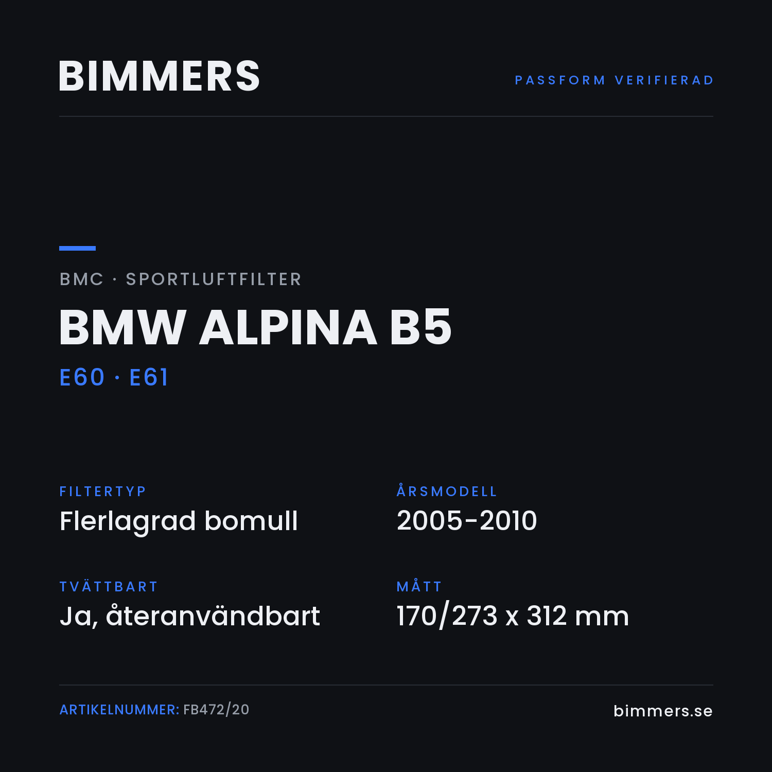 Faktabild med passform och specifikationer för BMC-luftfilter FB472/20 till BMW Alpina B5